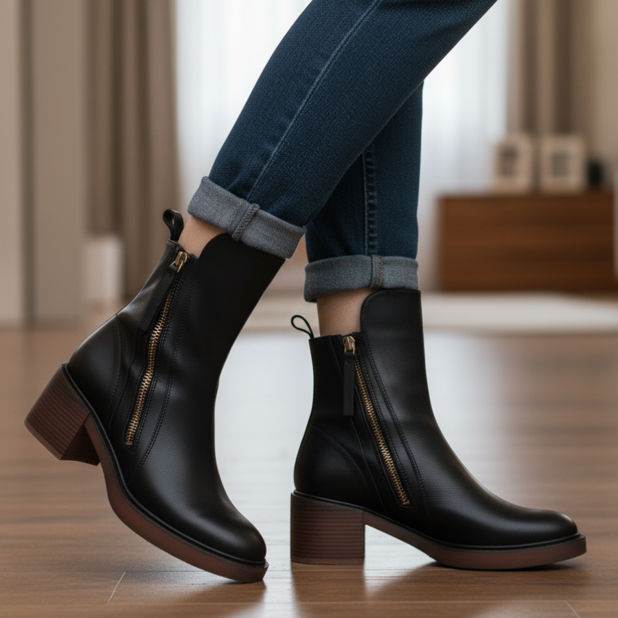 Élorine™ | Botte en cuir noire avec un talon confortable, élégante et intemporelle