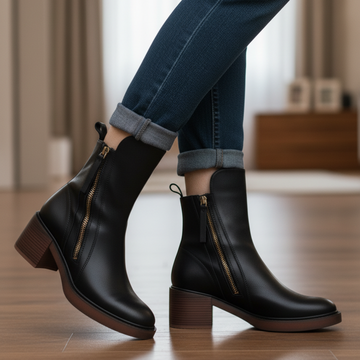 Élorine™ | Botte en cuir noire avec un talon confortable, élégante et intemporelle