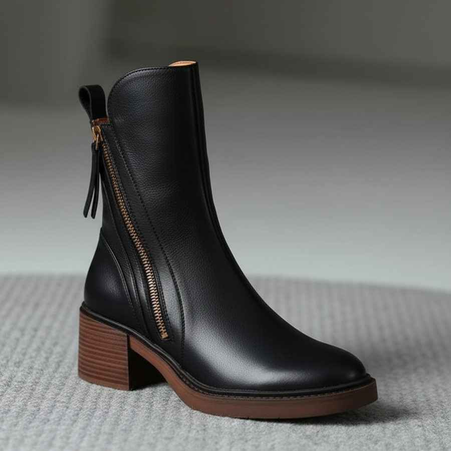 Élorine™ | Botte en cuir noire avec un talon confortable, élégante et intemporelle